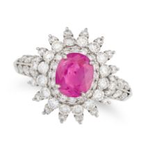 A BURMA NO HEAT RUBY AND DIAMOND RING set with an oval cut ruby of 1.42 carats in a stylised cluster
