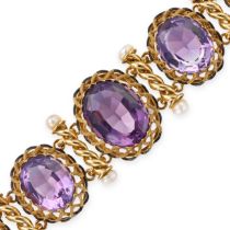 AN ANTIQUE FRENCH AMETHYST AND PEARL BRACELET in 18ct yellow gold, set with a row of oval cut