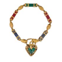 A RARE AND FINE ANTIQUE MALACHITE, LAPIS LAZULI AND JASPER SNAKE HEART PADLOCK BRACELET comprising a