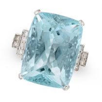 A FINE AQUAMARINE AND DIAMOND DRESS RING set with a cushion cut aquamarine of approximately 19.02