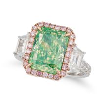 A GREEN AND PINK DIAMOND RING set with a cut cornered modified brilliant cut diamond of 5.02 in an