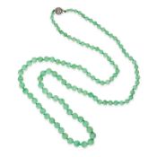 AN UNTREATED JADEITE JADE AND DIAMOND SAUTOIR NECKLACE comprising a row of polished jadeite jade
