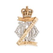 A DIAMOND ROYAL HUSSARS REGIMENTAL BADGE BROOCH in 9ct yellow and white gold, designed as the cypher