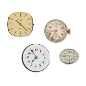 NO RESERVE - A GROUP OF FIVE WATCH DIALS AND MOVEMENTS, 20 CENTURY comprising a small white enamel