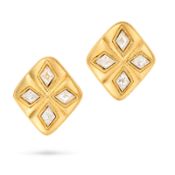 CHANEL, A PAIR OF CLIP-ON EARRINGS each comprising a gold tone metal earring set with four white dia