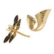 SET OF TWO CHRISTIAN DIOR BROOCHES  1. Christian Dior, a dragonfly brooch, in gold tone metal with