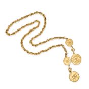 CHANEL, A MEDALLION LARIAT NECKLACE comprising a fancy link chain with two Chanel medallions at each