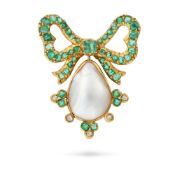 AN ANTIQUE PORTUGUESE PEARL, EMERALD AND DIAMOND BOW BROOCH, EARLY 19TH CENTURY in high carat yellow