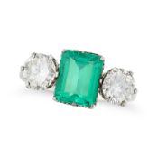 A COLOMBIAN EMERALD AND DIAMOND THREE STONE RING set with an octagonal step cut emerald of 1.88 cara