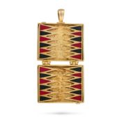 A VINTAGE ENAMEL BACKGAMMON PENDANT in 9ct yellow gold, designed a backgammon, opening to reveal the