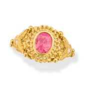 A CEYLON NO HEAT PADPARADSCHA SAPPHIRE AND DIAMOND RING set with an oval cut padparadscha sapphire o