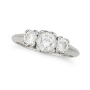 A THREE STONE DIAMOND RING in platinum, set with a round brilliant cut diamond of approximately 0.65