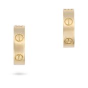 CARTIER, A PAIR OF LOVE HOOP EARRINGS in 18ct yellow gold, each designed as a hop punctuated by scre