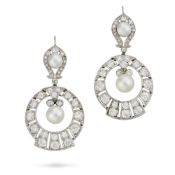 A PAIR OF ART DECO NATURAL SALTWATER PEARL AND DIAMOND DROP EARRINGS each comprising a pearl drop of