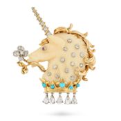 VERDURA, A FINE DIAMOND, TURQUOISE, RUBY AND BONE UNICORN BROOCH designed as a unicorn formed of car