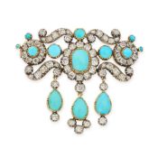 A FINE ANTIQUE TURQUOISE AND DIAMOND BROOCH, CIRCA 1900 in yellow gold and silver, in scrolling desi