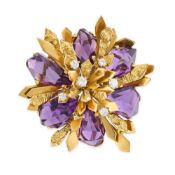 ALAN MARTIN GARD, A MODERNIST AMETHYST AND DIAMOND FLOWER BROOCH / PENDANT, 1969 in 18ct yellow gold