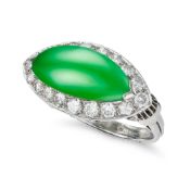 A FINE VINTAGE JADEITE JADE AND DIAMOND RING set with a marquise shaped cabochon jadeite jade, accen
