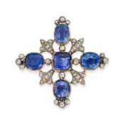 A FINE ANTIQUE GEORGIAN CEYLON NO HEAT SAPPHIRE AND DIAMOND BROOCH, EARLY 19TH CENTURY in yellow