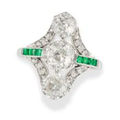 A FINE ART DECO DIAMOND AND EMERALD DRESS RING set with three old cut diamonds totalling 1.7-1.9 car