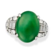 A FINE ART DECO JADEITE JADE AND DIAMOND DRESS RING set with an oval cabochon jadeite jade of approx