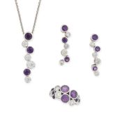 PRAGNELL, AN AMETHYST AND DIAMOND BUBBLES PENDANT NECKLACE, EARRINGS AND RING SUITE in 18ct white go