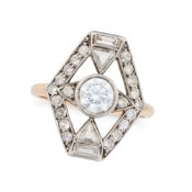 AN ART DECO DIAMOND DRESS RING the hexagonal openwork face set to the centre with a round brilliant