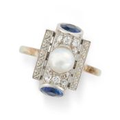 AN ART DECO NATURAL PEARL, SAPPHIRE AND DIAMOND DRESS RING in 18ct white gold, the cylindrical head