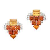CARTIER, A PAIR OF FINE RETRO CITRINE AND DIAMOND CLIP BROOCHES each shield shaped clip set with squ
