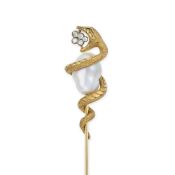 NO RESERVE - AN ANTIQUE NATURAL SALTWATER PEARL AND DIAMOND SNAKE STICK PIN, 19TH CENTURY in yellow