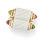 BULGARI, A PINK TOURMALINE, PERIDOT AND PORCELAIN CHANDRA RING in 18ct yellow gold, set with white p