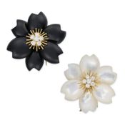 VAN CLEEF & ARPELS, A PAIR OF MOTHER OF PEARL, ONYX AND DIAMOND ROSE DE NOEL CLIP BROOCHES in 18ct y