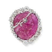 A FINE ANTIQUE RUBY CAMEO AND DIAMOND BROOCH, EARLY 20TH CENTURY set with a ruby cameo carved to dep