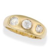 AN ANTIQUE DIAMOND GYPSY RING in yellow gold, set with three old cut diamonds, the diamonds all tota