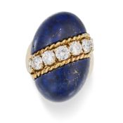 A VINTAGE LAPIS LAZULI AND DIAMOND DRESS RING, 1970'S in 18ct yellow gold, set with cabochon lapis l