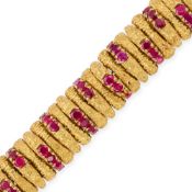 A FINE MODERNIST DUTCH RUBY BRACELET, 1970'S in 18ct yellow gold, comprising a row of stylised links