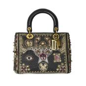 CHRISTIAN DIOR EMBROIDERED AND BEADED MEDIUM LADY DIOR BAG Condition grade B. Black leather exte