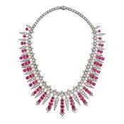 AN EXCEPTIONAL BURMA NO HEAT RUBY AND DIAMOND FRINGE NECKLACE / TIARA comprising a row of old Europe