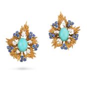 SCHILLING, A PAIR OF VINTAGE TURQUOISE, SAPPHIRE AND DIAMOND CLIP EARRINGS, CIRCA 1970 in 18ct yello
