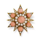 A FINE ANTIQUE CORAL AND PEARL STAR BROOCH, 19TH CENTURY designed as a twelve rayed star, set to the