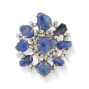 A FINE MID CENTURY FRENCH SAPPHIRE AND DIAMOND CLIP BROOCH the openwork brooch set with cabochon sap