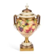 A ROYAL WORCESTER FRUIT-PAINTED VASE AND COVER