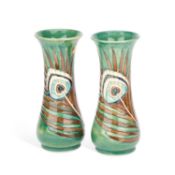 A PAIR OF MOORCROFT PEACOCK FEATHERS PATTERN VASES DESIGNED BY SALLY TUFFIN