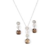 A 9K WHITE GOLD SMOKY QUARTZ AND DIAMOND PENDANT AND EARRING SET