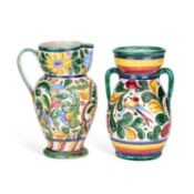 AN ITALIAN POTTERY TWO-HANDLED VASE AND A JUG