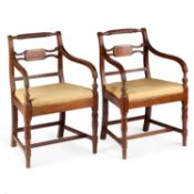A PAIR OF REGENCY SCOTTISH BRASS-INLAID MAHOGANY ELBOW CHAIRS