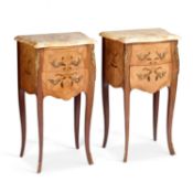 A PAIR OF LOUIS XV STYLE MARBLE-TOPPED, GILT-METAL AND FLORAL MARQUETRY SIDE TABLES