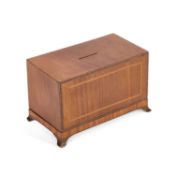 AN EARLY 20TH CENTURY MAHOGANY AND STRUNG MONEY BOX