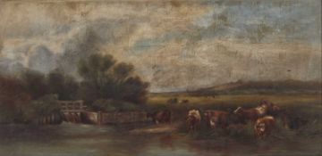 19TH CENTURY ENGLISH SCHOOL CATTLE IN A RIVER LANDSCAPE