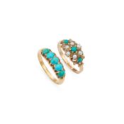 A 9 CARAT GOLD TURQUOISE AND SEED PEARL RING AND A TURQUOISE RING